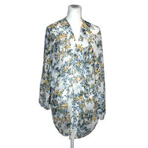 LOOK by M New York OS Women's Floral Open Front Duster Top White Blue Yellow